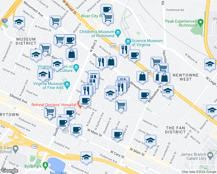 map of restaurants, bars, coffee shops, grocery stores, and more near 413 North Davis Avenue in Richmond