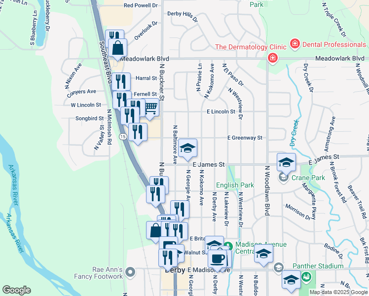 map of restaurants, bars, coffee shops, grocery stores, and more near 1101 North Georgie Avenue in Derby