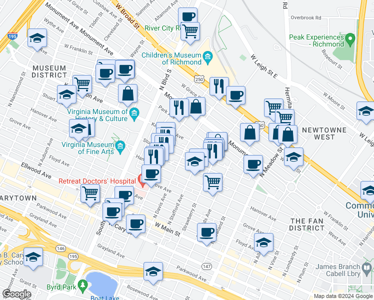 map of restaurants, bars, coffee shops, grocery stores, and more near 409 North Davis Avenue in Richmond