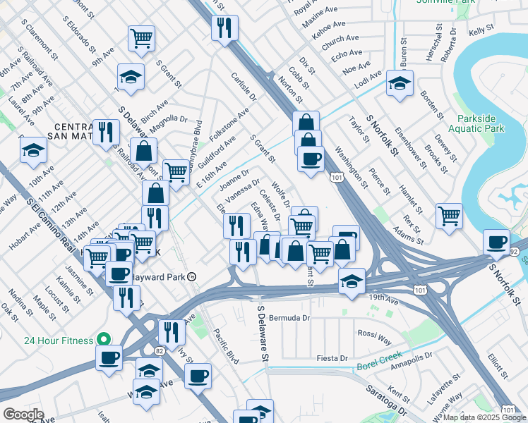 map of restaurants, bars, coffee shops, grocery stores, and more near 673 Edna Way in San Mateo