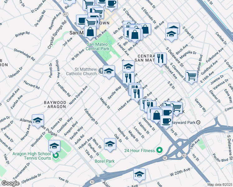 map of restaurants, bars, coffee shops, grocery stores, and more near 33 Seville Way in San Mateo