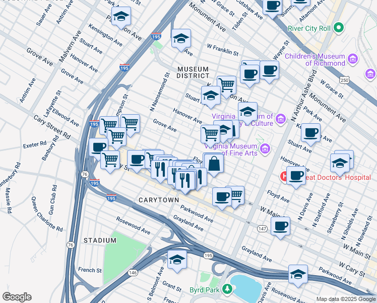 map of restaurants, bars, coffee shops, grocery stores, and more near 3200 Floyd Avenue in Richmond