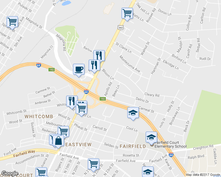 map of restaurants, bars, coffee shops, grocery stores, and more near 2216 Beau Lane in Richmond