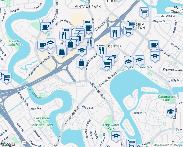 map of restaurants, bars, coffee shops, grocery stores, and more near 210 Commons Lane in Foster City