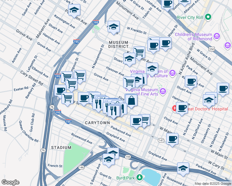 map of restaurants, bars, coffee shops, grocery stores, and more near 3200 Floyd Avenue in Richmond
