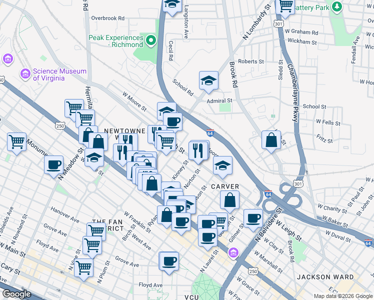 map of restaurants, bars, coffee shops, grocery stores, and more near 1408 West Leigh Street in Richmond