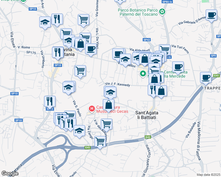 map of restaurants, bars, coffee shops, grocery stores, and more near 103 Via A. di Sangiuliano in Sant'Agata li Battiati