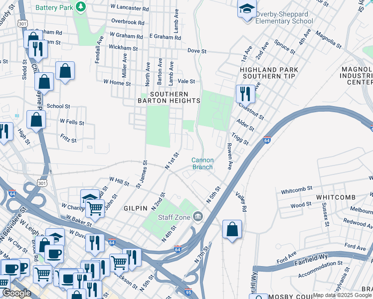 map of restaurants, bars, coffee shops, grocery stores, and more near 527 Fritz Street in Richmond