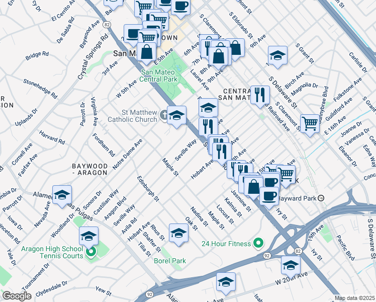 map of restaurants, bars, coffee shops, grocery stores, and more near 33 Seville Way in San Mateo