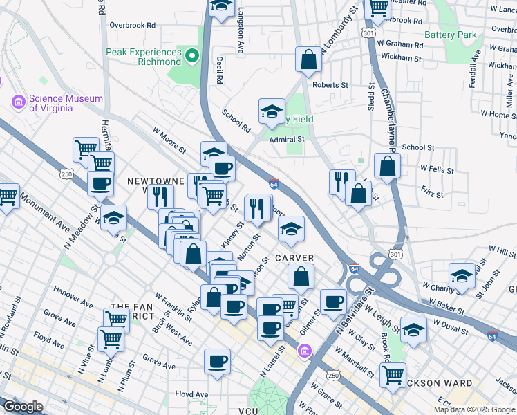 map of restaurants, bars, coffee shops, grocery stores, and more near 1258 West Moore Street in Richmond