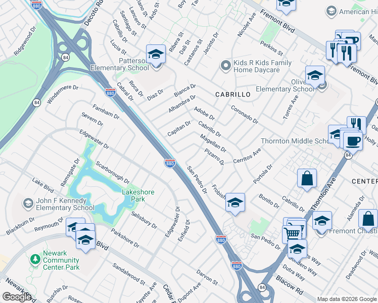 map of restaurants, bars, coffee shops, grocery stores, and more near 36090 Pizarro Drive in Fremont