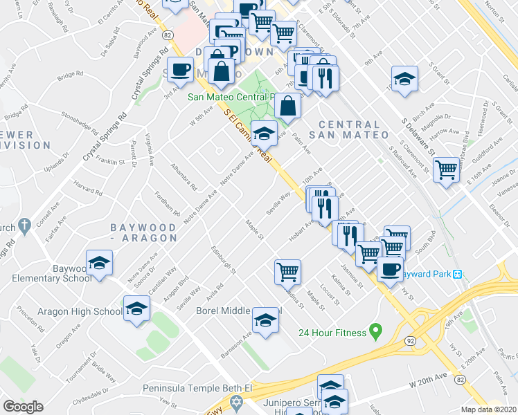 map of restaurants, bars, coffee shops, grocery stores, and more near 38 Aragon Boulevard in San Mateo