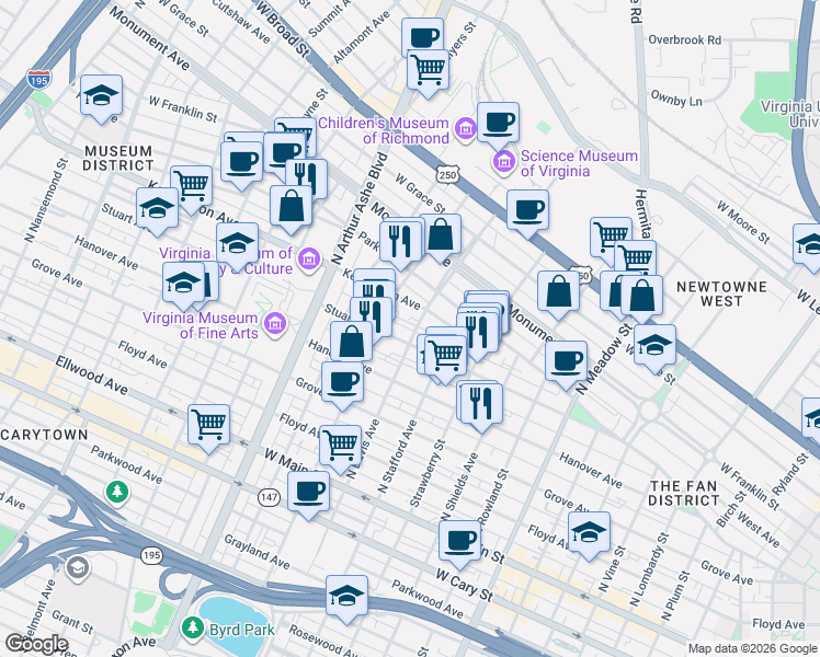 map of restaurants, bars, coffee shops, grocery stores, and more near 2501 Kensington Avenue in Richmond