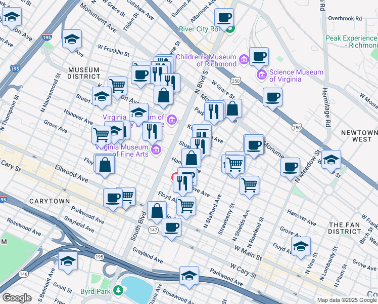 map of restaurants, bars, coffee shops, grocery stores, and more near 2700 Stuart Avenue in Richmond