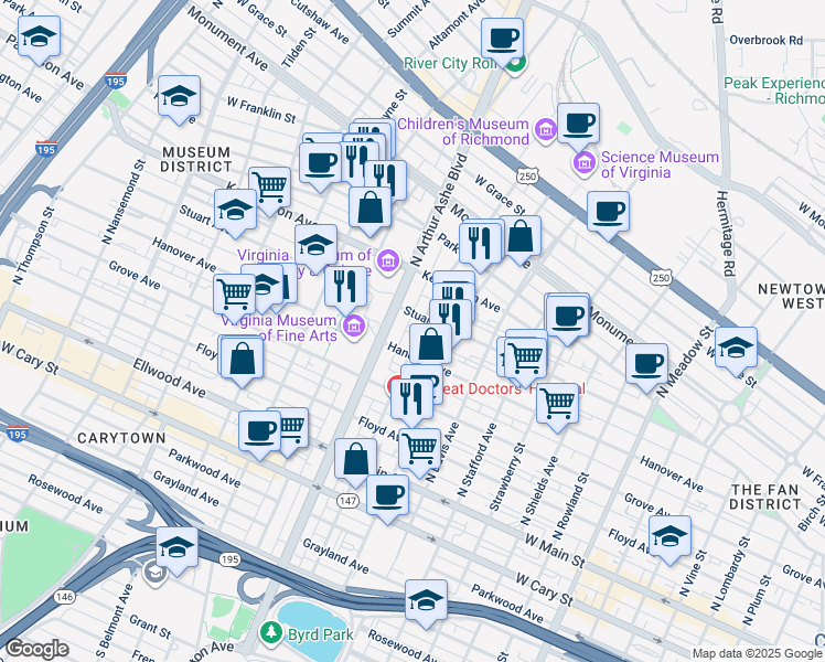 map of restaurants, bars, coffee shops, grocery stores, and more near 2700 Stuart Avenue in Richmond