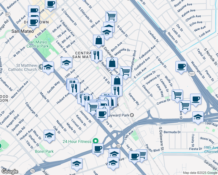 map of restaurants, bars, coffee shops, grocery stores, and more near 157 15th Avenue in San Mateo