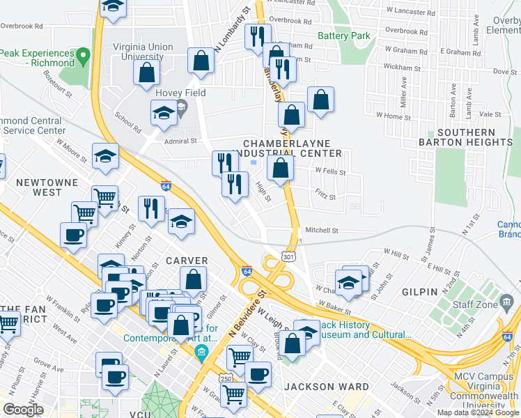 map of restaurants, bars, coffee shops, grocery stores, and more near 1200 Oak Street in Richmond