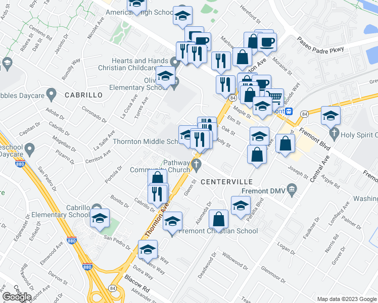 map of restaurants, bars, coffee shops, grocery stores, and more near 4357 Thornton Avenue in Fremont
