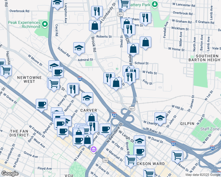 map of restaurants, bars, coffee shops, grocery stores, and more near 1521 Brook Road in Richmond