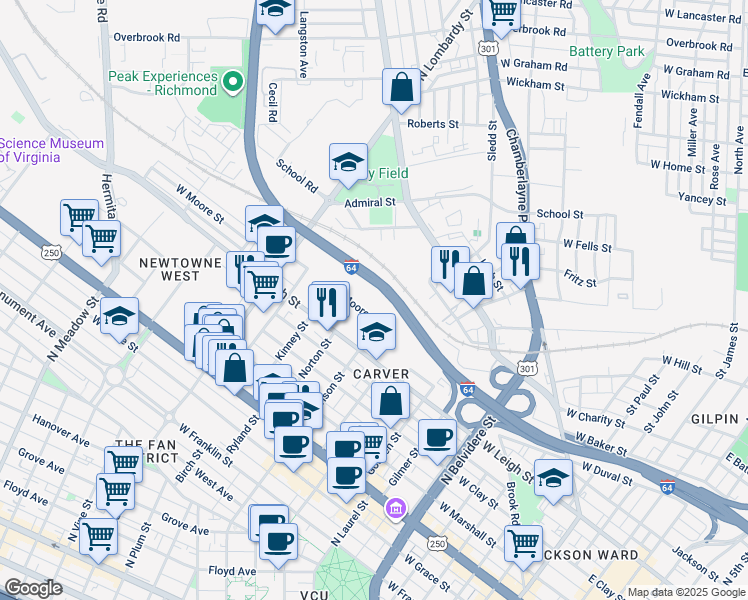 map of restaurants, bars, coffee shops, grocery stores, and more near 1210 West Moore Street in Richmond