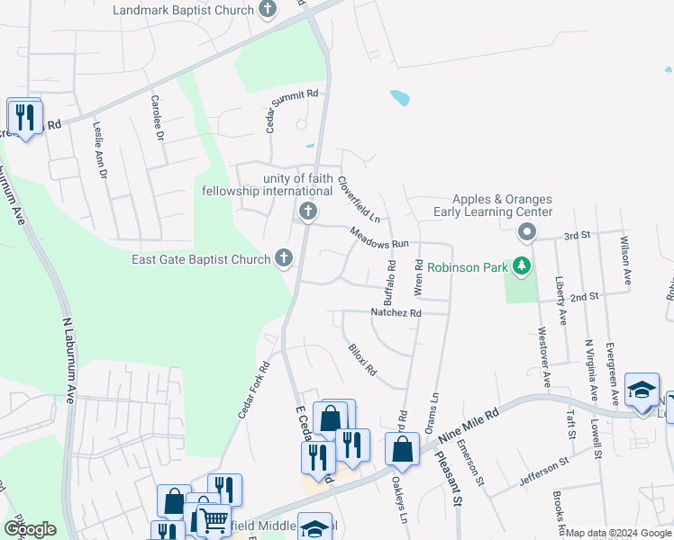 map of restaurants, bars, coffee shops, grocery stores, and more near 5112 Bending Branch Drive in Richmond