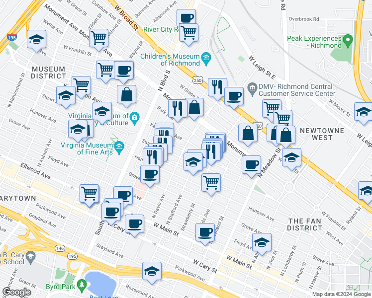 map of restaurants, bars, coffee shops, grocery stores, and more near 413 North Davis Avenue in Richmond
