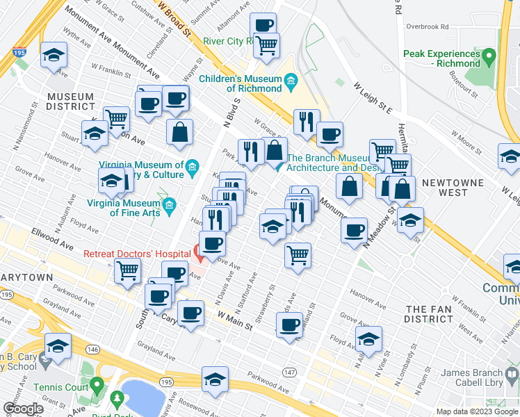 map of restaurants, bars, coffee shops, grocery stores, and more near 411 North Davis Avenue in Richmond