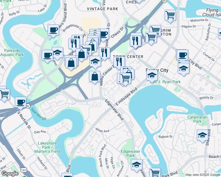 map of restaurants, bars, coffee shops, grocery stores, and more near 219 Commons Lane in Foster City