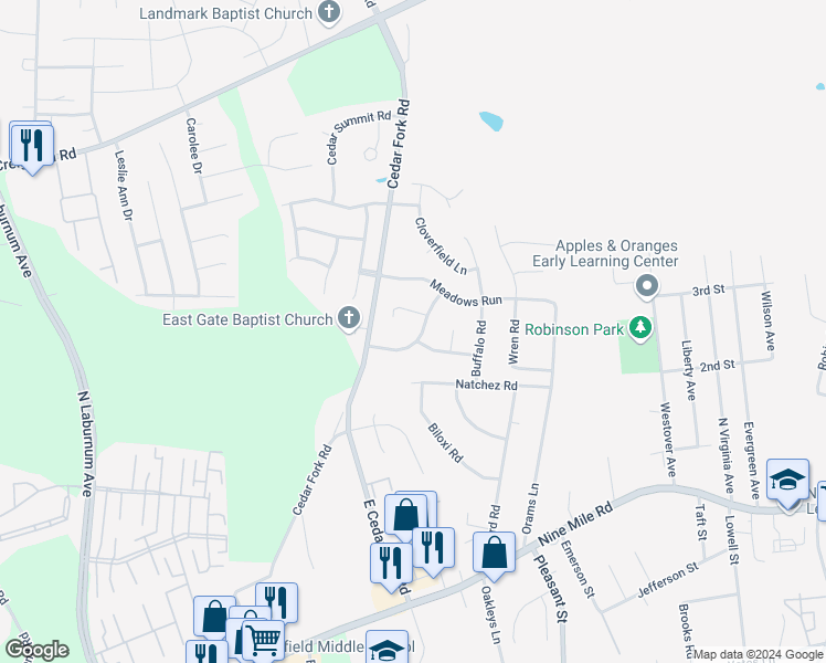 map of restaurants, bars, coffee shops, grocery stores, and more near 5112 Bending Branch Drive in Richmond