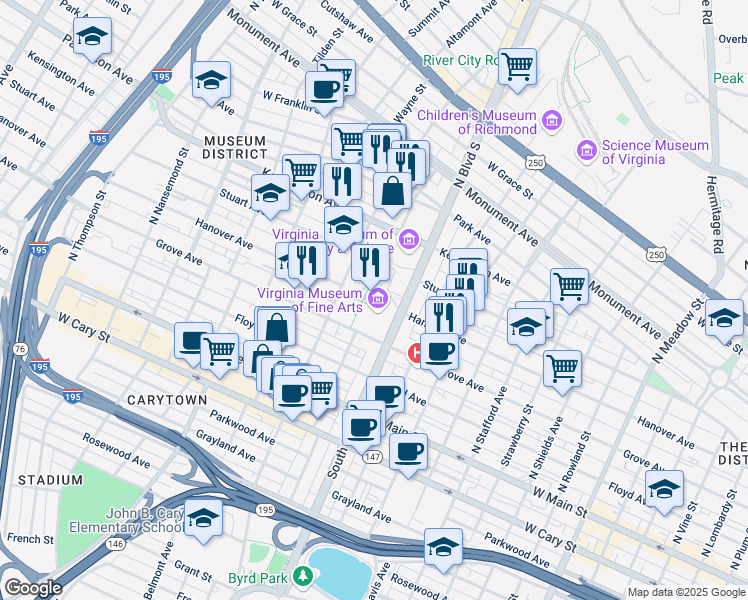 map of restaurants, bars, coffee shops, grocery stores, and more near 2900 Grove Avenue in Richmond