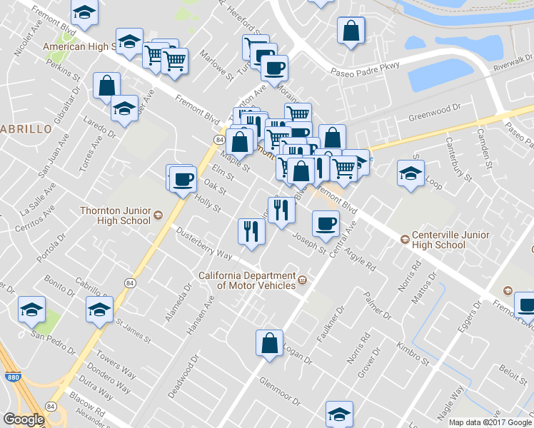 map of restaurants, bars, coffee shops, grocery stores, and more near 4137 Baine Avenue in Fremont