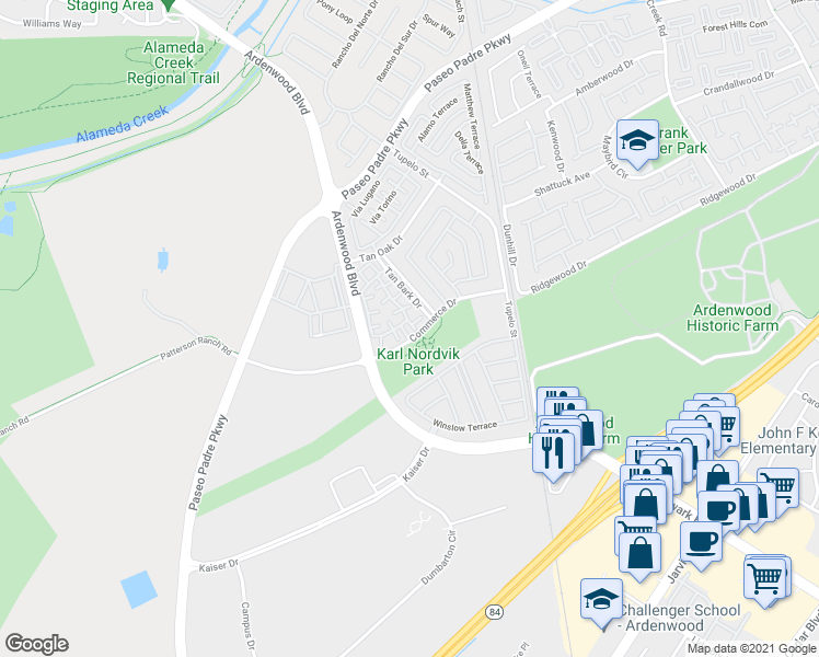 map of restaurants, bars, coffee shops, grocery stores, and more near 6008 Capriana Common in Fremont