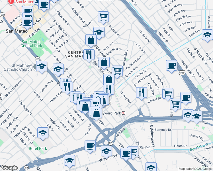 map of restaurants, bars, coffee shops, grocery stores, and more near 1512 South Claremont Street in San Mateo