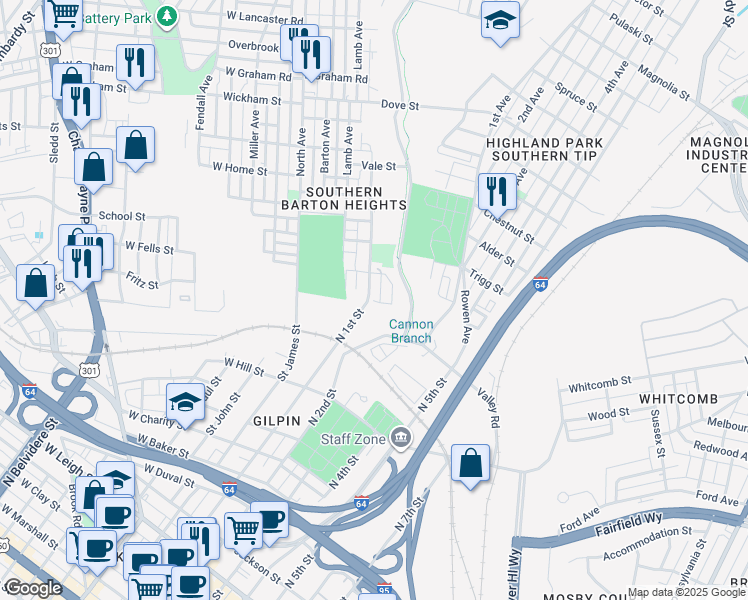 map of restaurants, bars, coffee shops, grocery stores, and more near 1613 Monteiro Street in Richmond