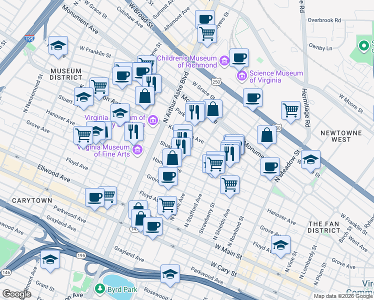 map of restaurants, bars, coffee shops, grocery stores, and more near 408 North Robinson Street in Richmond