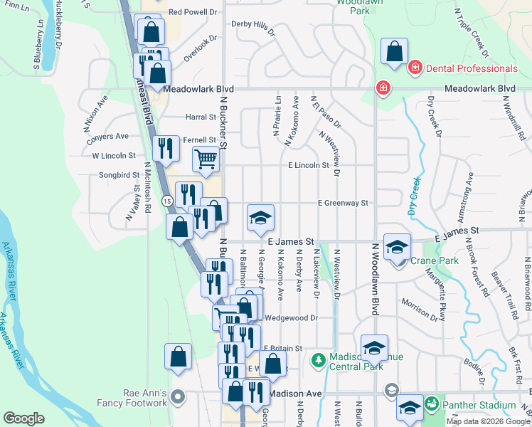 map of restaurants, bars, coffee shops, grocery stores, and more near 1158 North Georgie in Derby