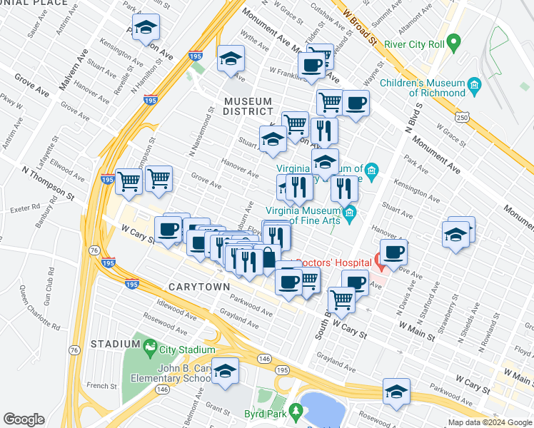 map of restaurants, bars, coffee shops, grocery stores, and more near 3133 Grove Avenue in Richmond