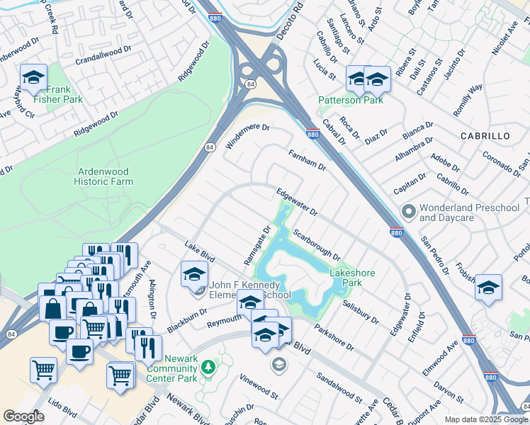 map of restaurants, bars, coffee shops, grocery stores, and more near 35364 Ramsgate Drive in Newark