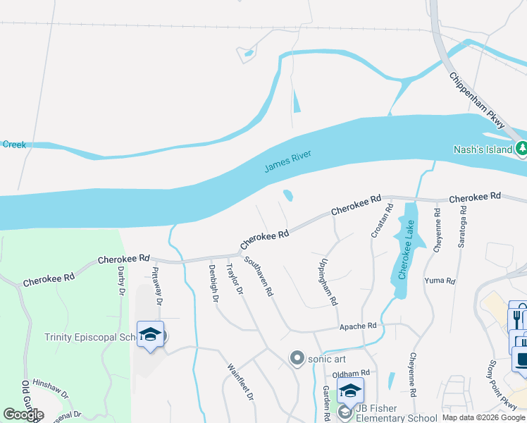 map of restaurants, bars, coffee shops, grocery stores, and more near 10414 Cherokee Road in Richmond