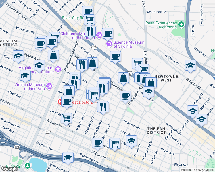 map of restaurants, bars, coffee shops, grocery stores, and more near 503 Strawberry Street in Richmond