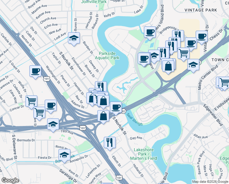 map of restaurants, bars, coffee shops, grocery stores, and more near 1108 Shoreline Drive in San Mateo