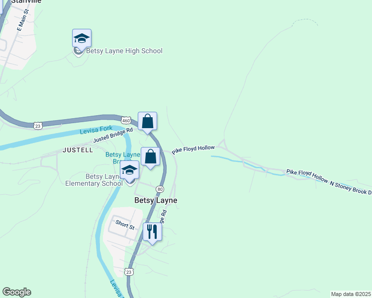 map of restaurants, bars, coffee shops, grocery stores, and more near 100 Lower Hollow in Betsy Layne