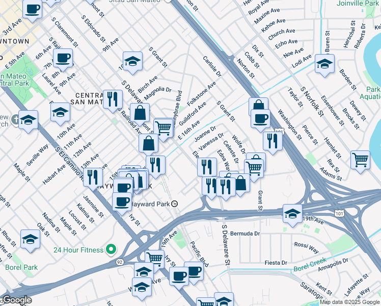 map of restaurants, bars, coffee shops, grocery stores, and more near 1622 Eleanor Drive in San Mateo