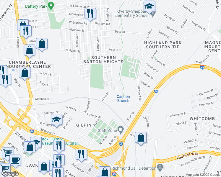 map of restaurants, bars, coffee shops, grocery stores, and more near 1614 Monteiro Street in Richmond