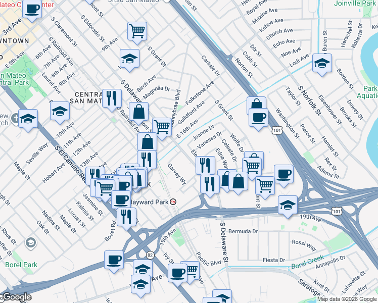 map of restaurants, bars, coffee shops, grocery stores, and more near 1622 Eleanor Drive in San Mateo