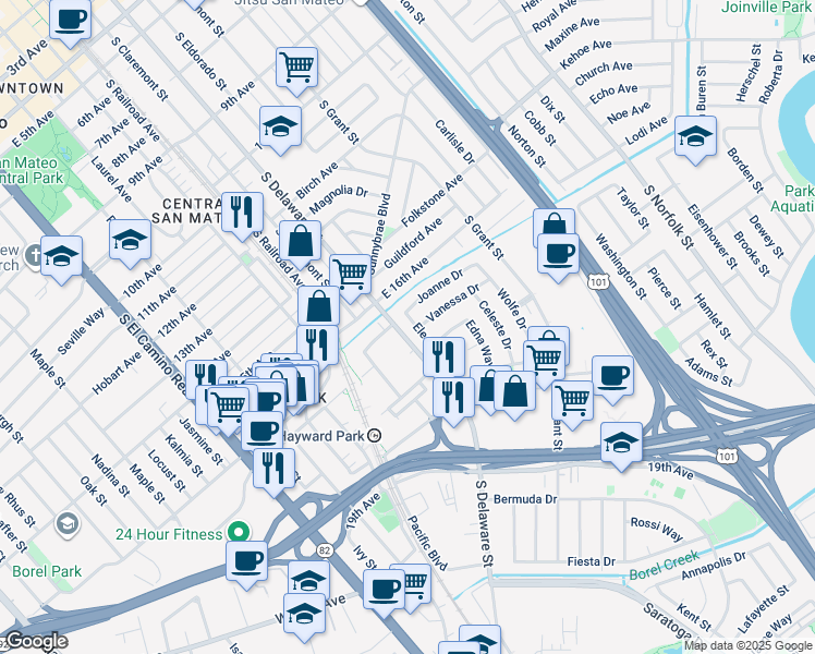 map of restaurants, bars, coffee shops, grocery stores, and more near 1622 Eleanor Drive in San Mateo