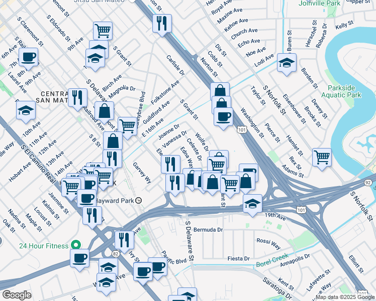 map of restaurants, bars, coffee shops, grocery stores, and more near 653 Edna Way in San Mateo