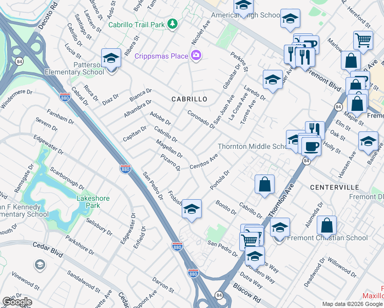 map of restaurants, bars, coffee shops, grocery stores, and more near 36223 Cabrillo Drive in Fremont