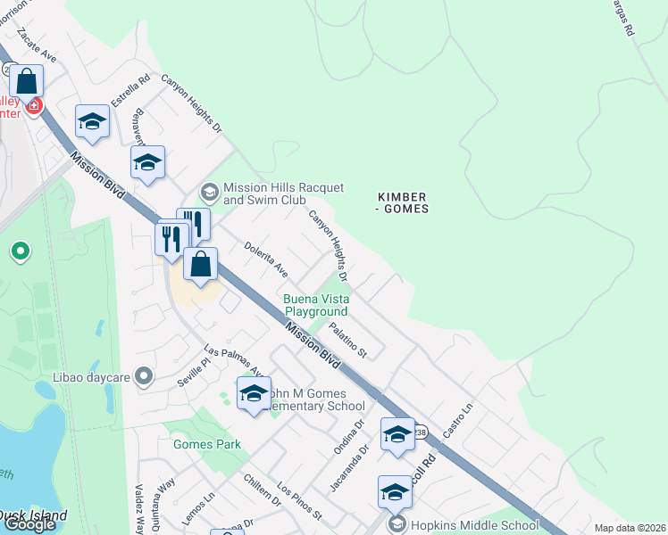 map of restaurants, bars, coffee shops, grocery stores, and more near 40385 Loro Place in Fremont
