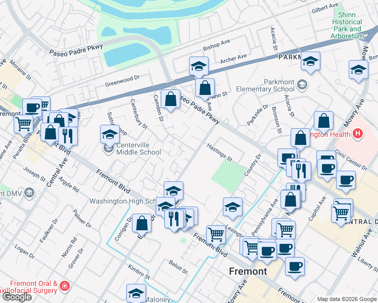 map of restaurants, bars, coffee shops, grocery stores, and more near 38184 Camden Street in Fremont